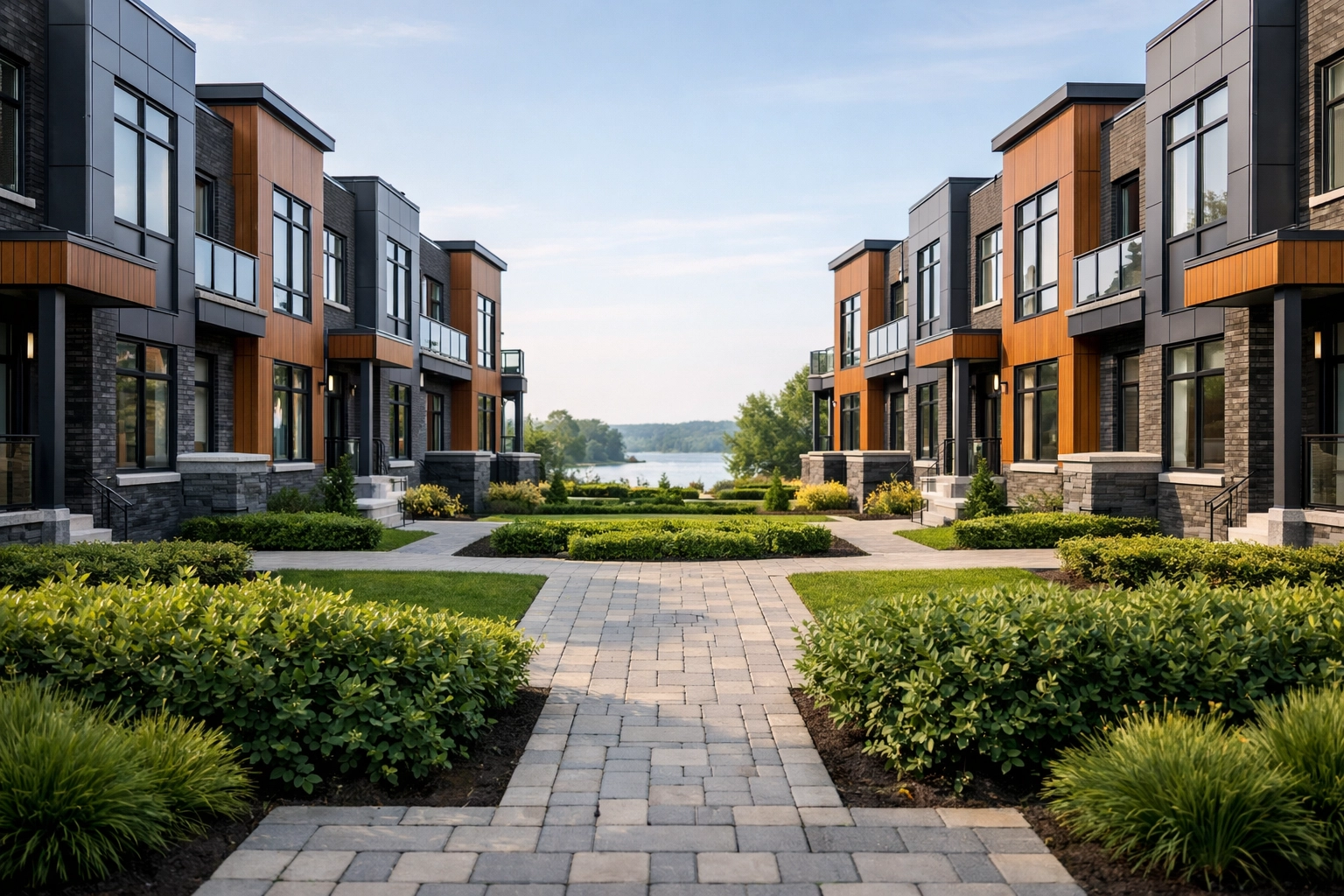 Modern new construction townhomes in Innisfil Ontario with contemporary masonry and landscaping.