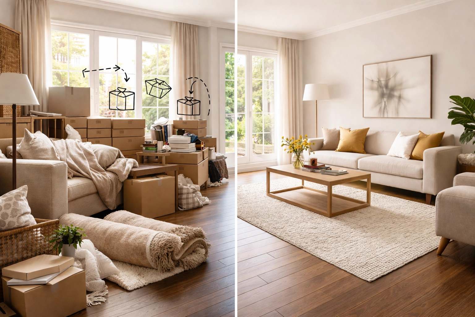 Living room before and after decluttering, showing the benefits of home staging for real estate listings