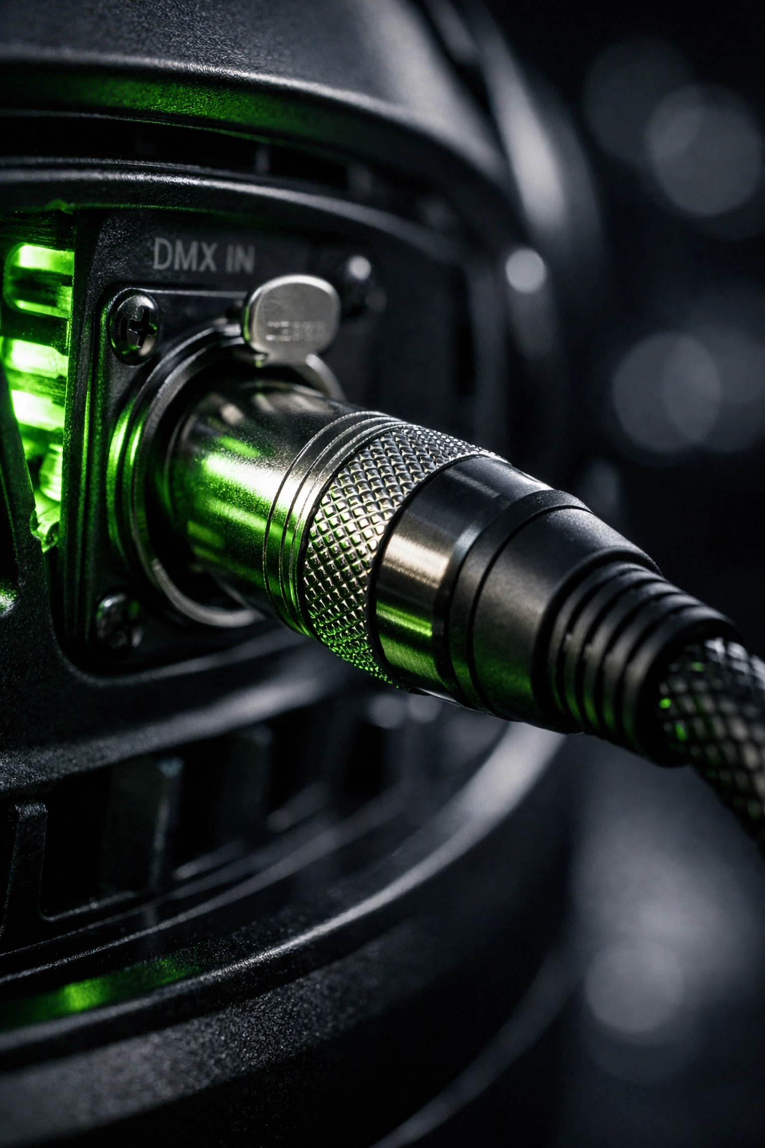 Professional DMX cable connector plugged into a stage light for reliable, volunteer-proof lighting control.