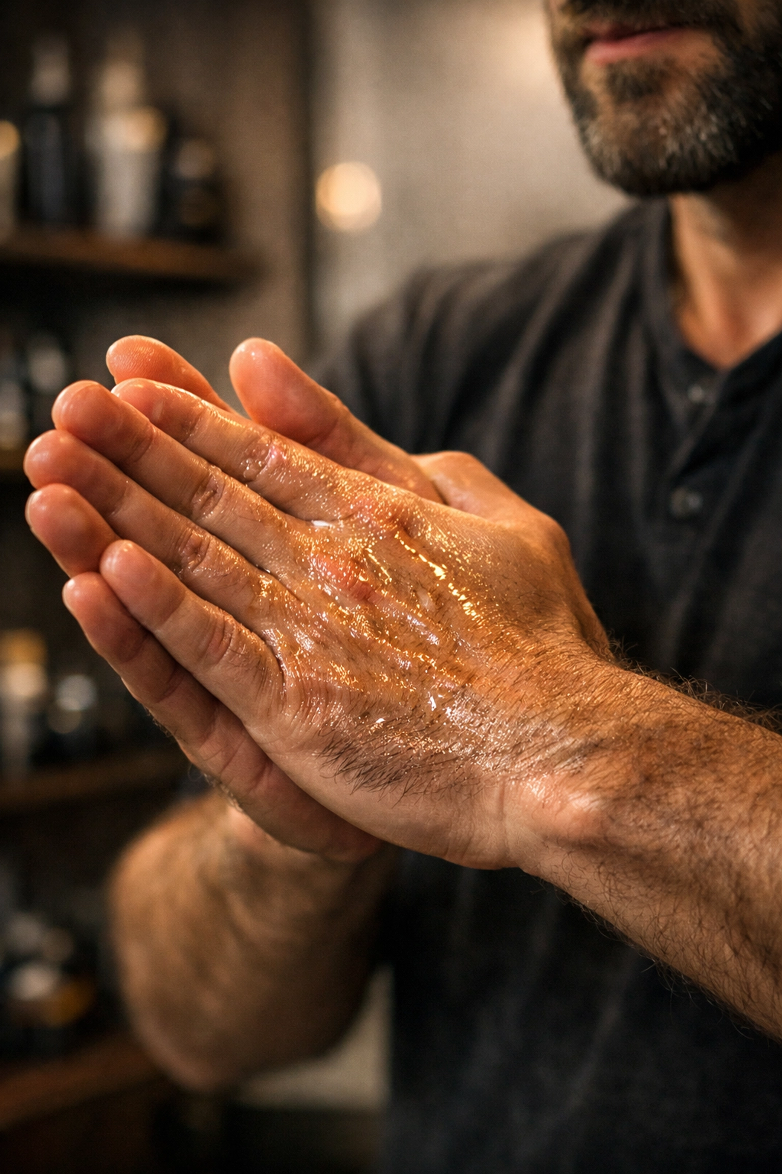 Warming premium beard oil between palms to activate scent and ensure even application for longevity.