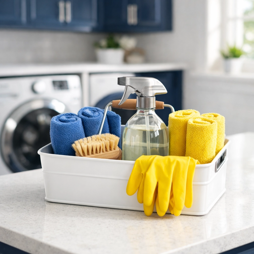 Professional house cleaning caddy with eco-friendly supplies for Deep Cleaning in Medfield homes.