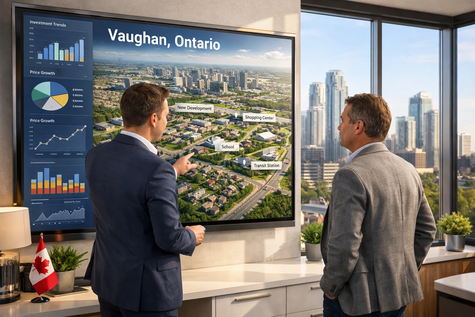 Expert Russian realtor analyzing the Vaughan real estate market with a client overlooking the city skyline.