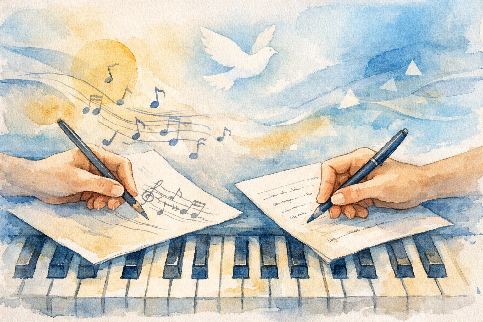 Two hands collaborating at piano keyboard writing worship song lyrics as spiritual creativity