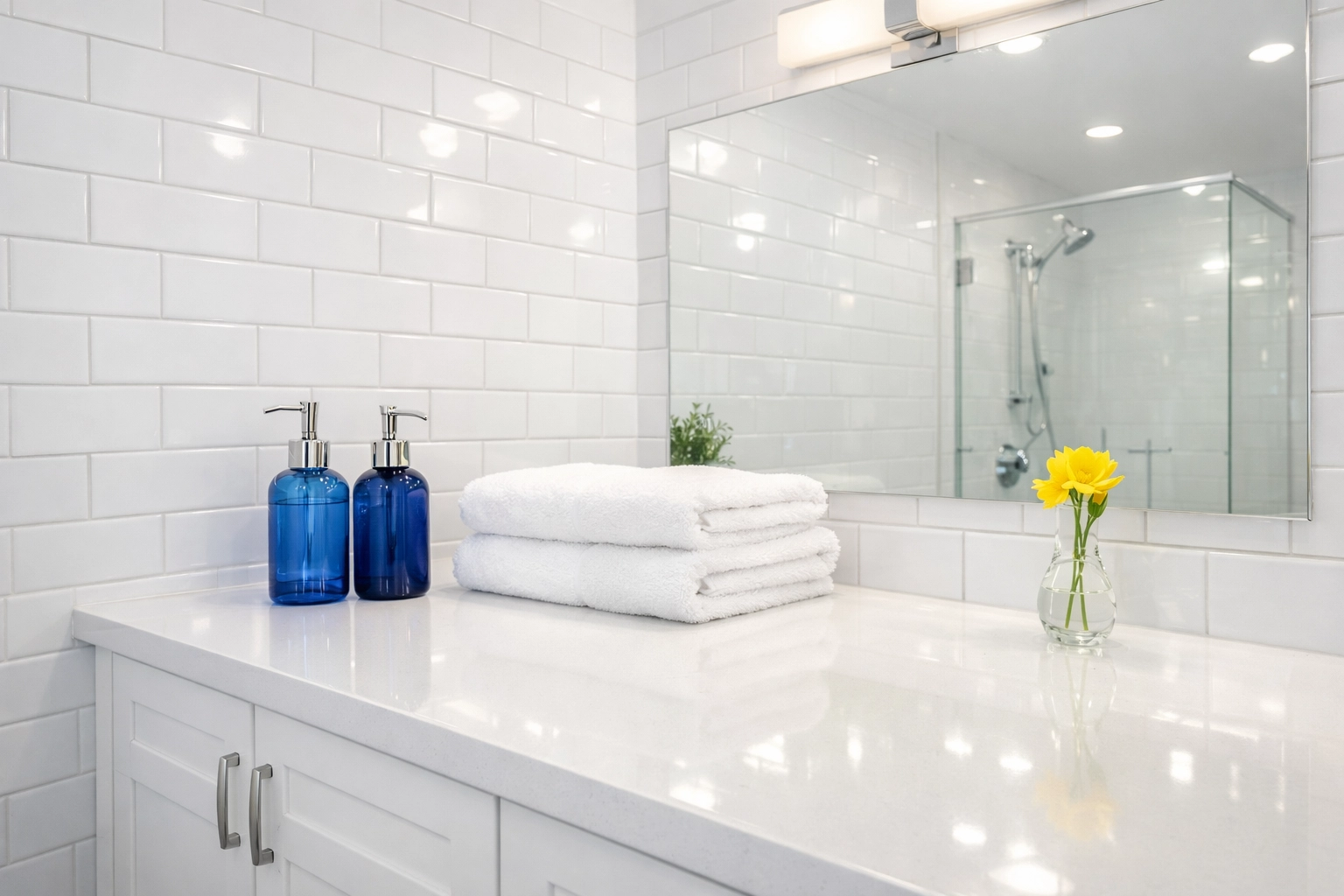 Luxury bathroom with gleaming white subway tiles and blue accents after professional Worcester house cleaning.