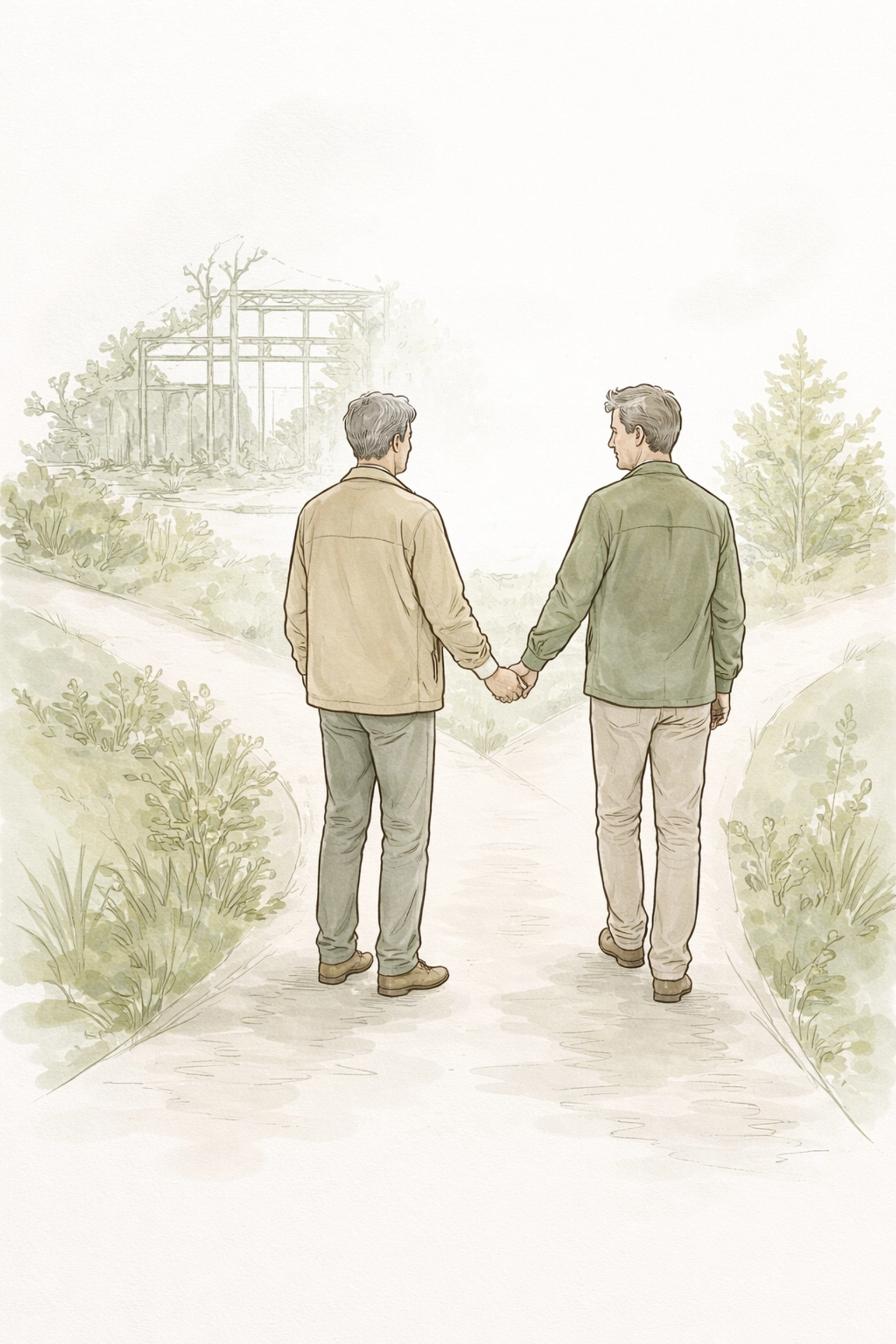 Two middle-aged men at a crossroads, symbolizing the challenge of coming out later in life