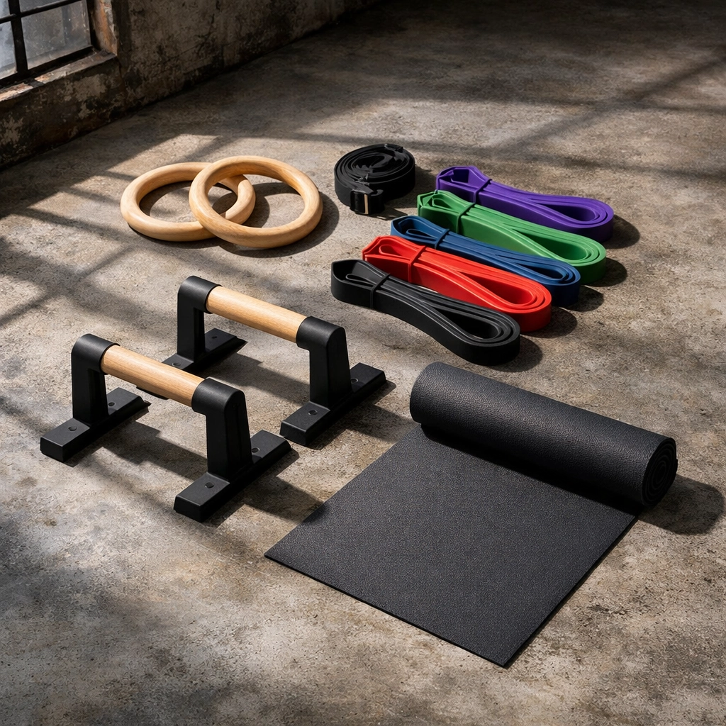 Home gym equipment including gymnastics rings, resistance bands, and yoga mat for versatile training