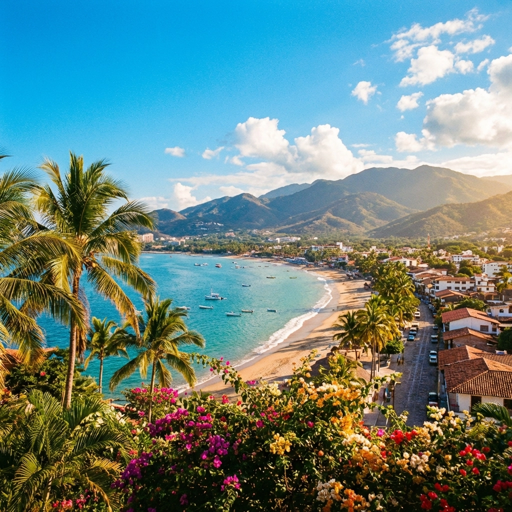 Sunlit aerial view of Puerto Vallarta coastline with palm trees, tropical flowers, and Banderas Bay, perfect for a vacation.