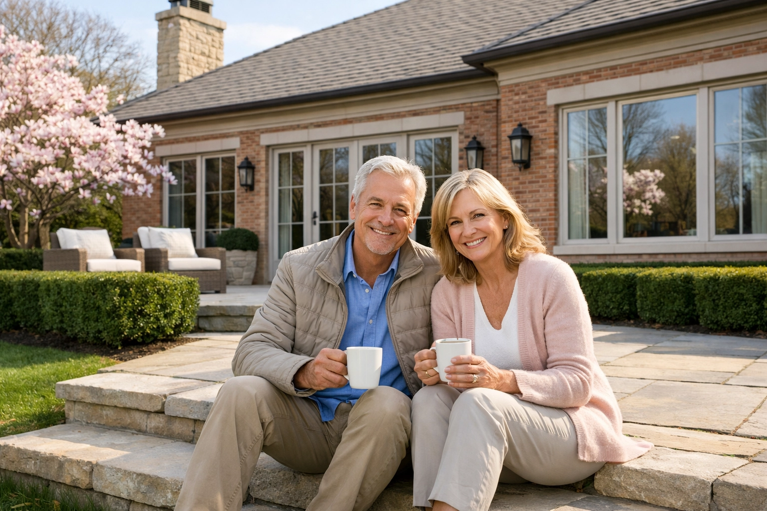 Couple relaxing at a luxury North Shore ranch home, a top choice for Chicago homes for sale when downsizing.