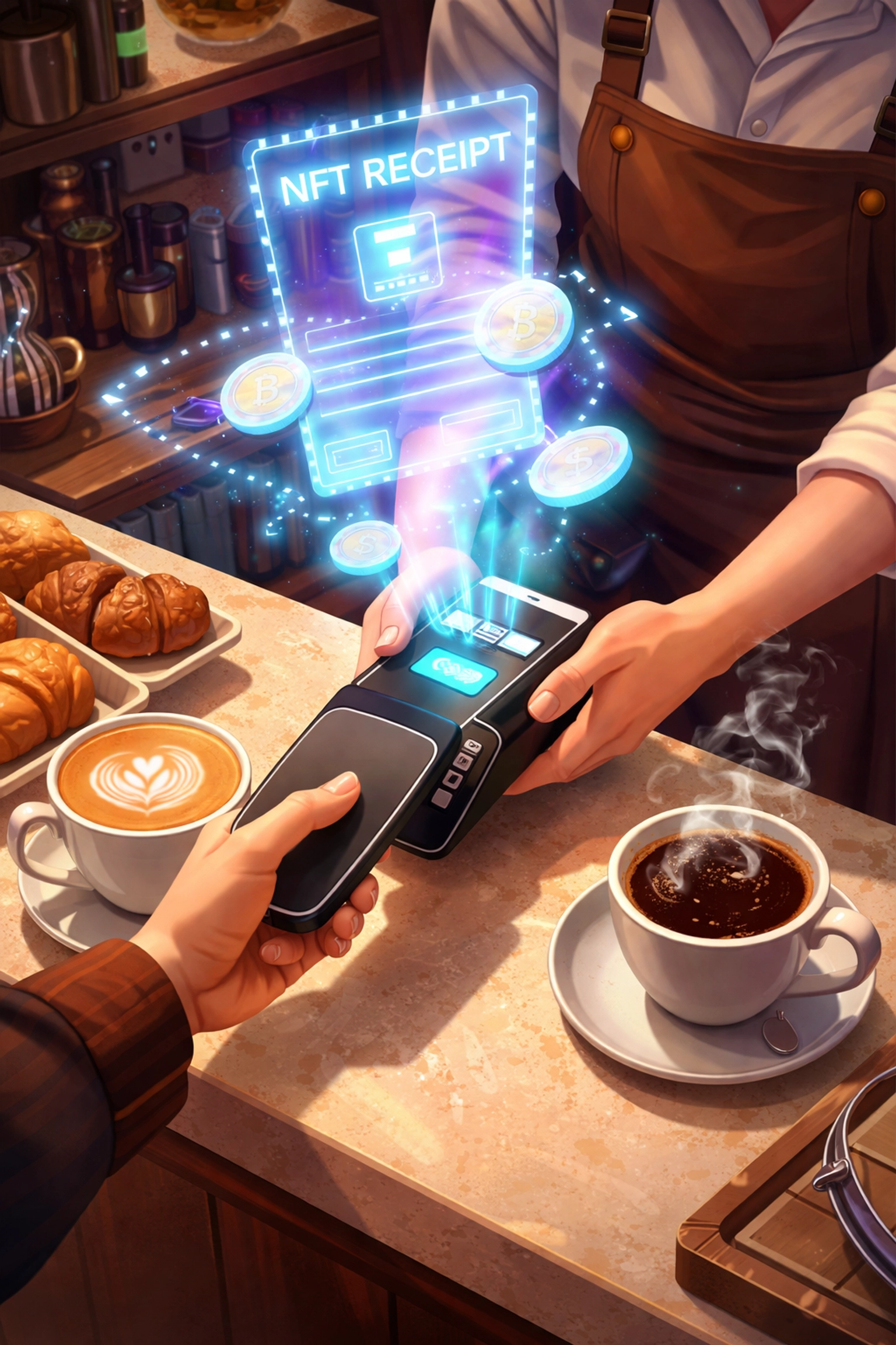 Coffee shop barista processing a contactless crypto payment and issuing an NFT receipt for customer loyalty.