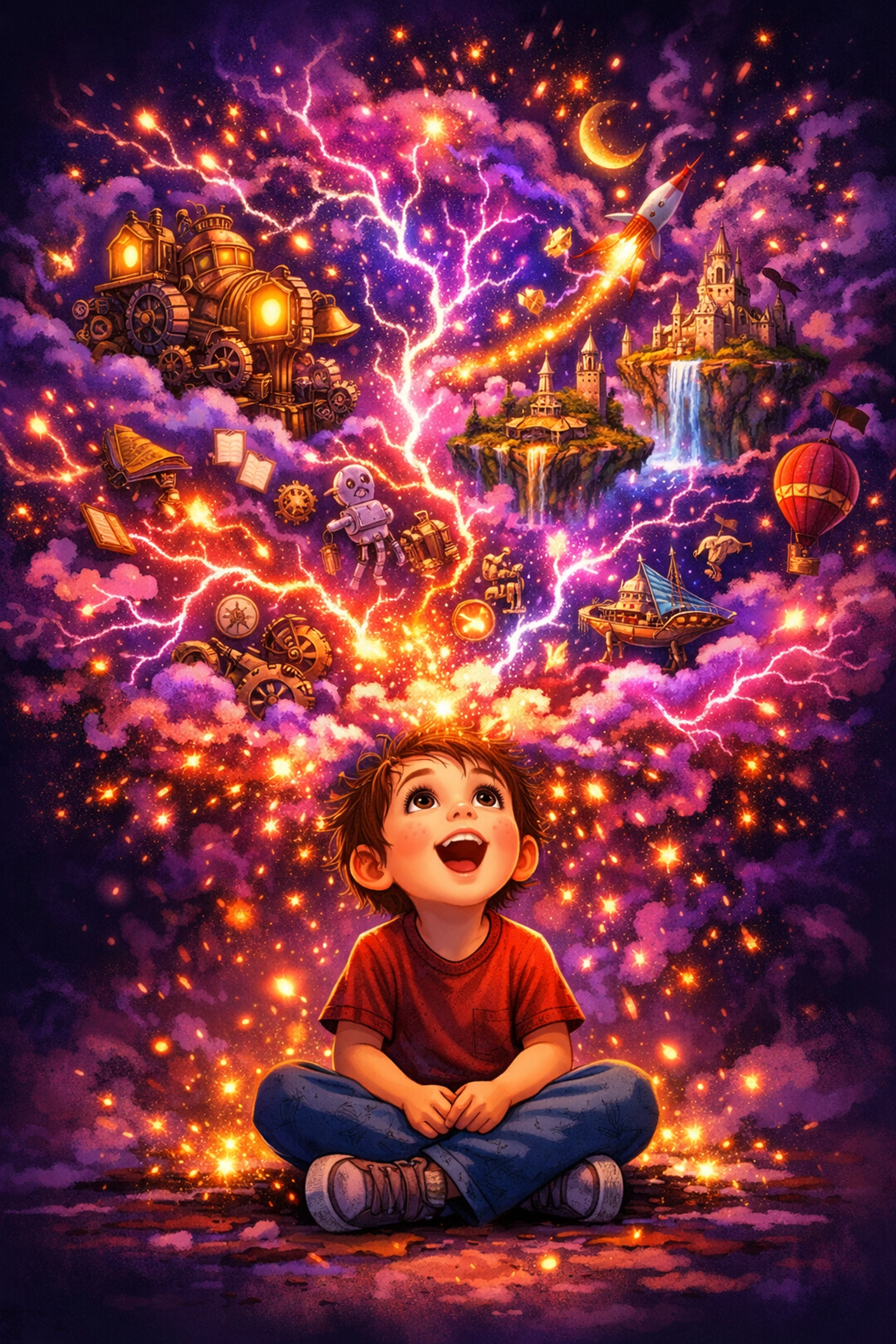 A young child imagining a magical world of floating islands to build cognitive flexibility.