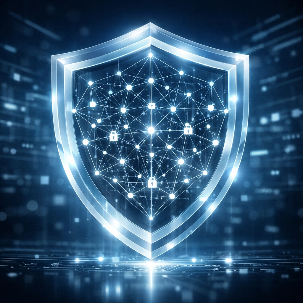 A secure digital shield protecting interconnected network nodes to ensure data integrity and AI automation security.