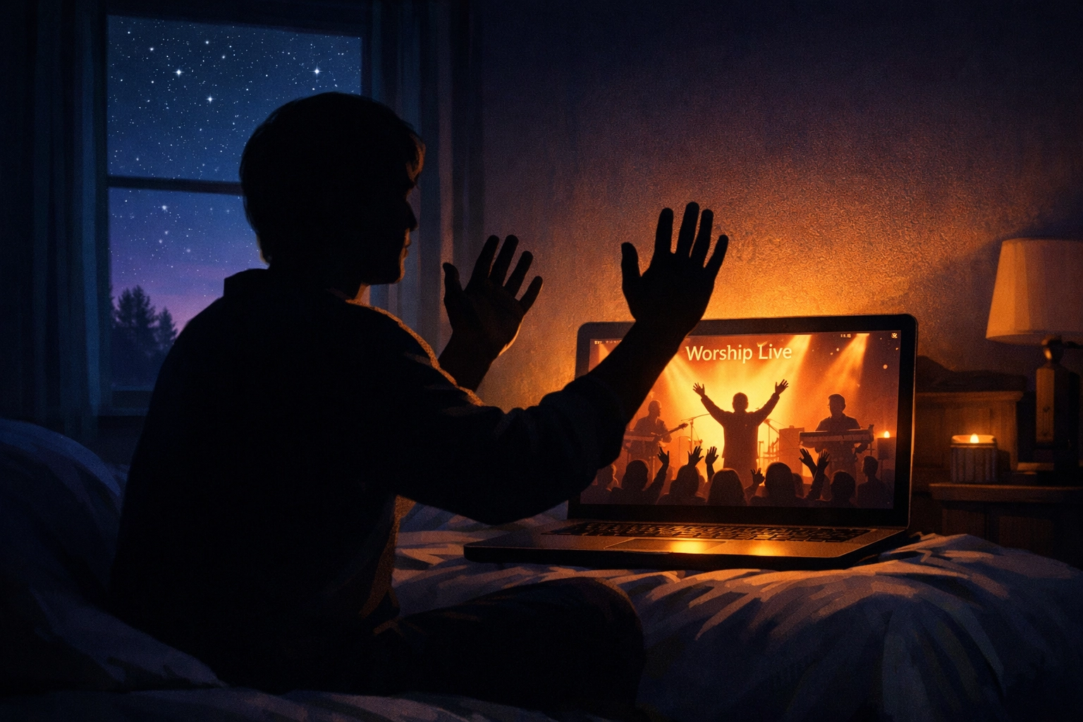 Person worshiping at home through online church livestream on laptop at night