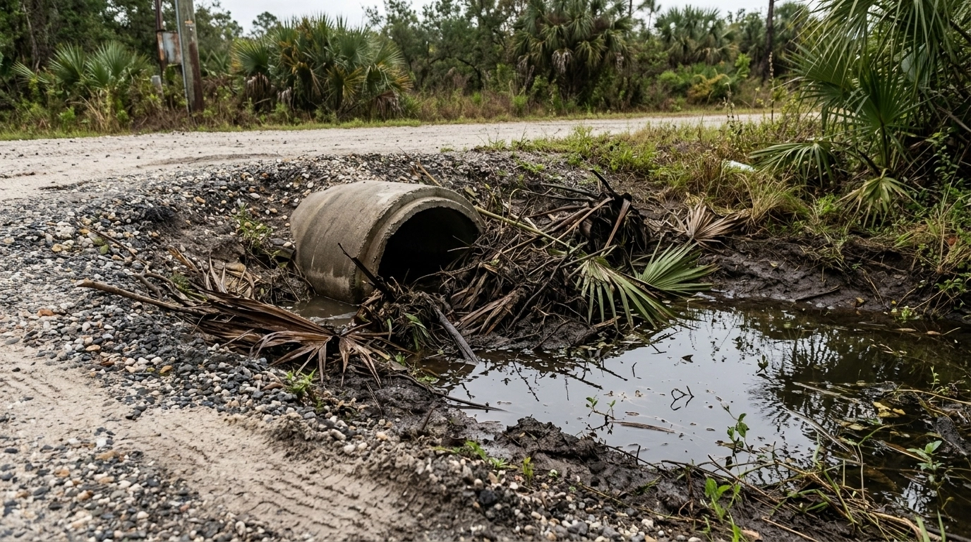A clogged concrete culvert pipe under a driveway, showing how debris and silt can block vital drainage paths during Florida storms.