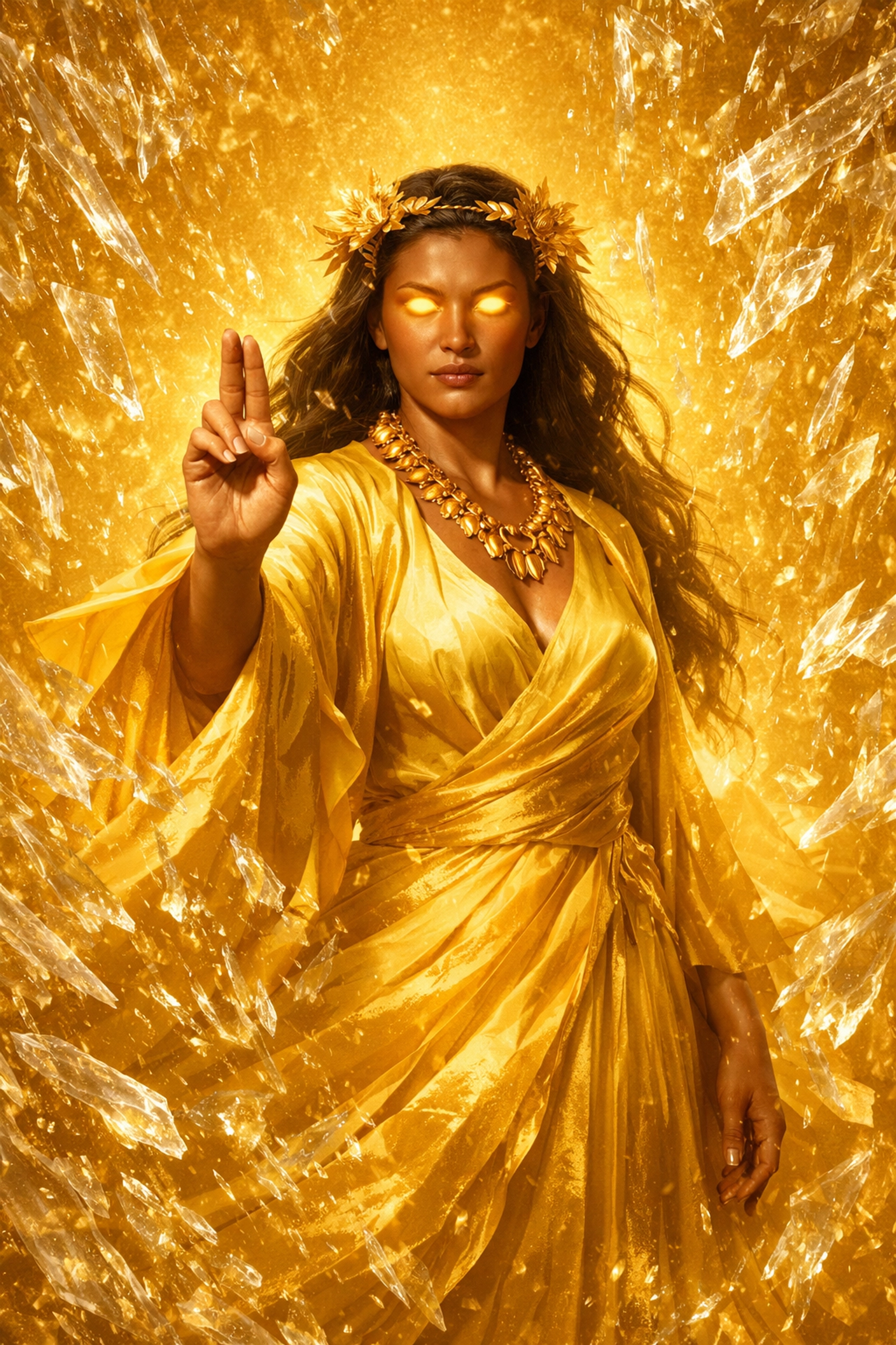 Polynesian woman in golden robes as Bagalamukhi, representing the power of silence and spiritual stillness.