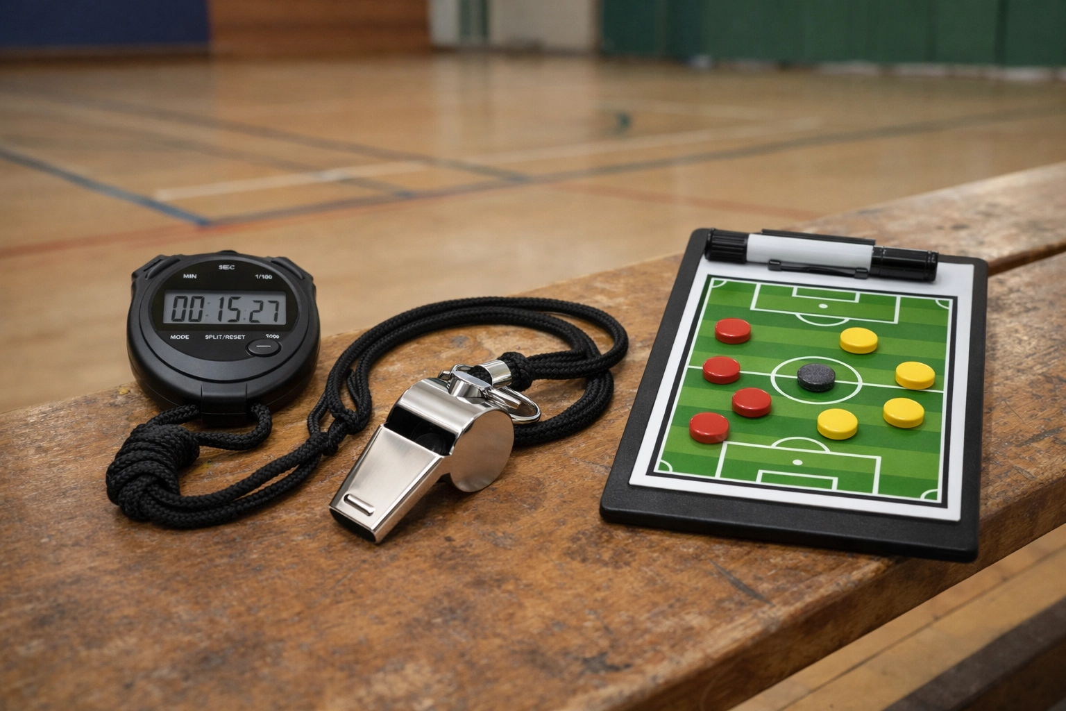 Essential coaching tools including whistle, stopwatch, and tactical board for team training