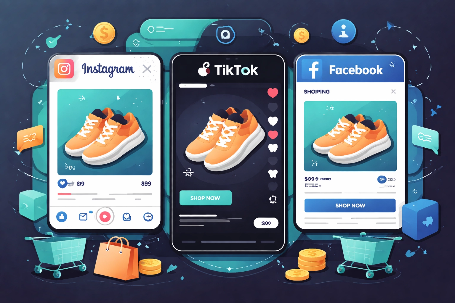 Comparison of Instagram, TikTok, and Facebook platforms showing product shopping features for e-commerce
