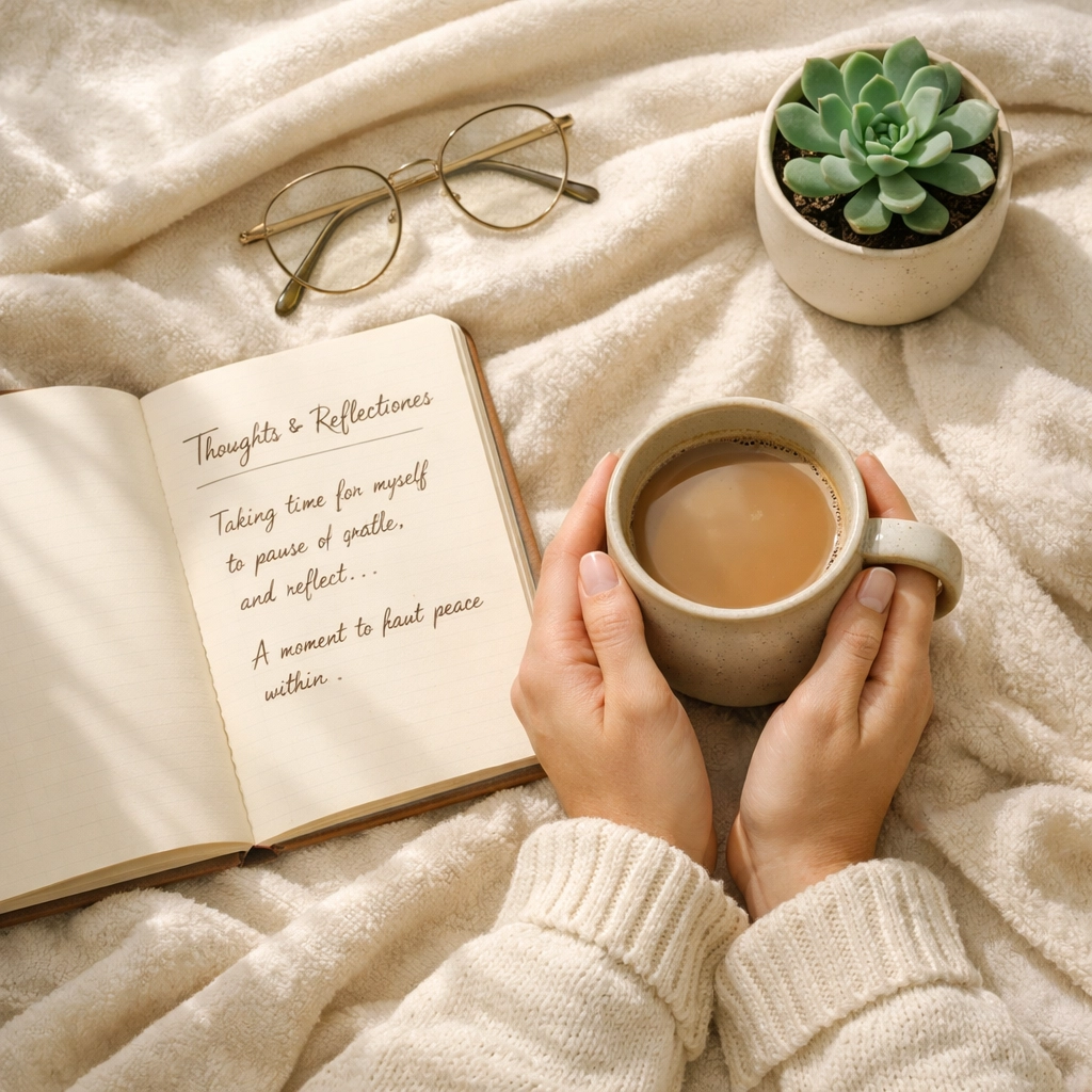 Woman's hands holding journal and tea during quiet self-reflection for mental health