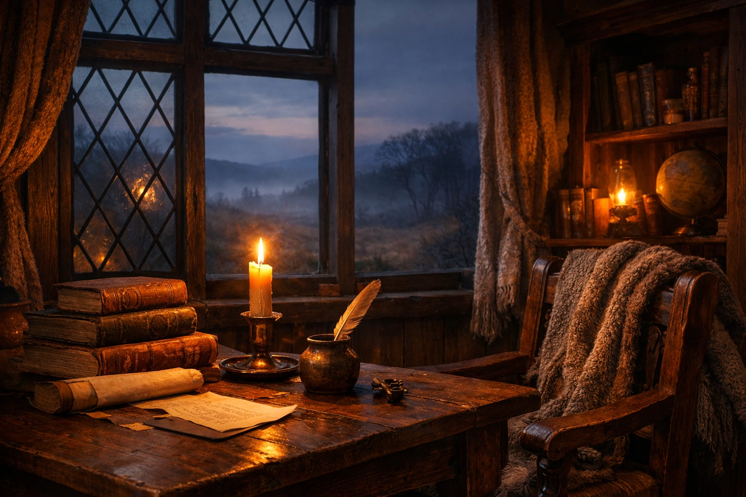 Cozy Brontë-core study featuring antique books, a dark wood desk, and moody candlelight.