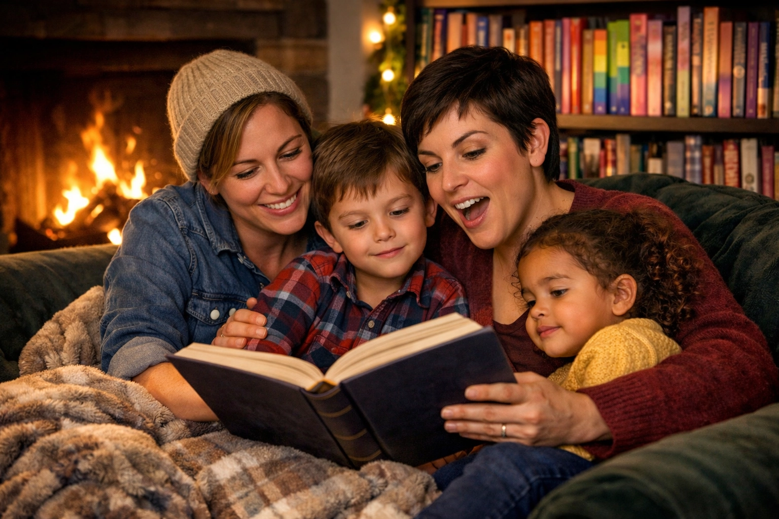 Lesbian parents reading stories to their kids on a sofa, highlighting the importance of LGBTQ+ representation in books.