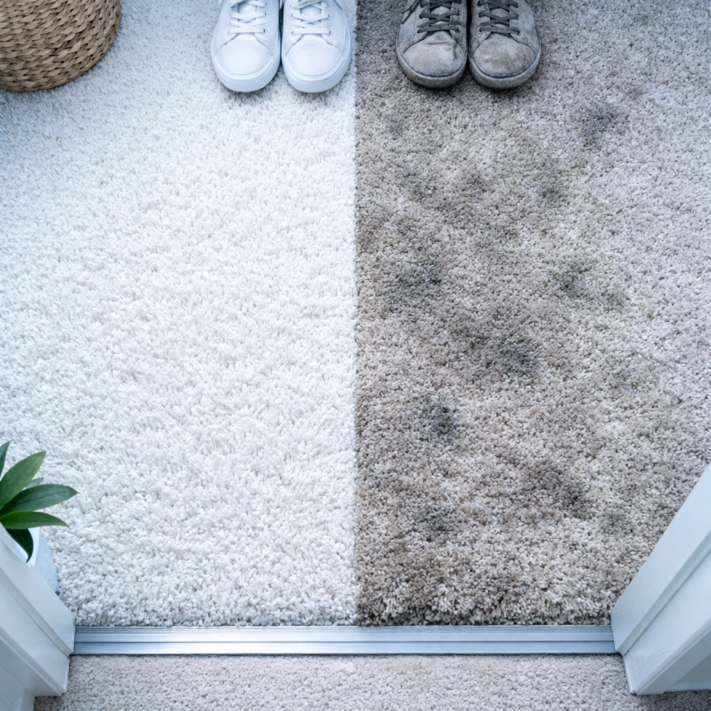 Before and after carpet cleaning results showing allergen removal in Quincy IL home