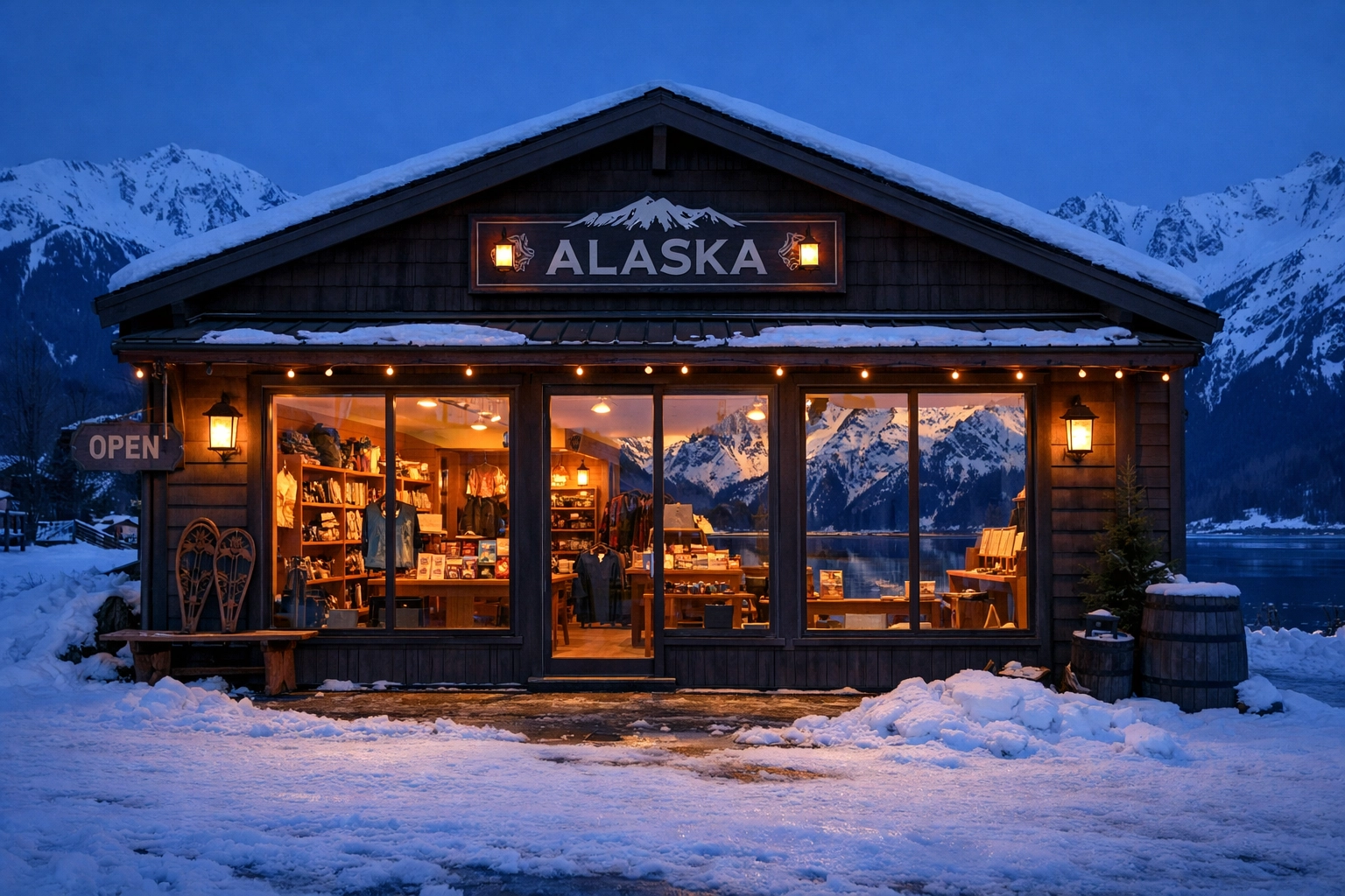 Quiet Alaskan storefront at dusk, illustrating the need for business interruption insurance.