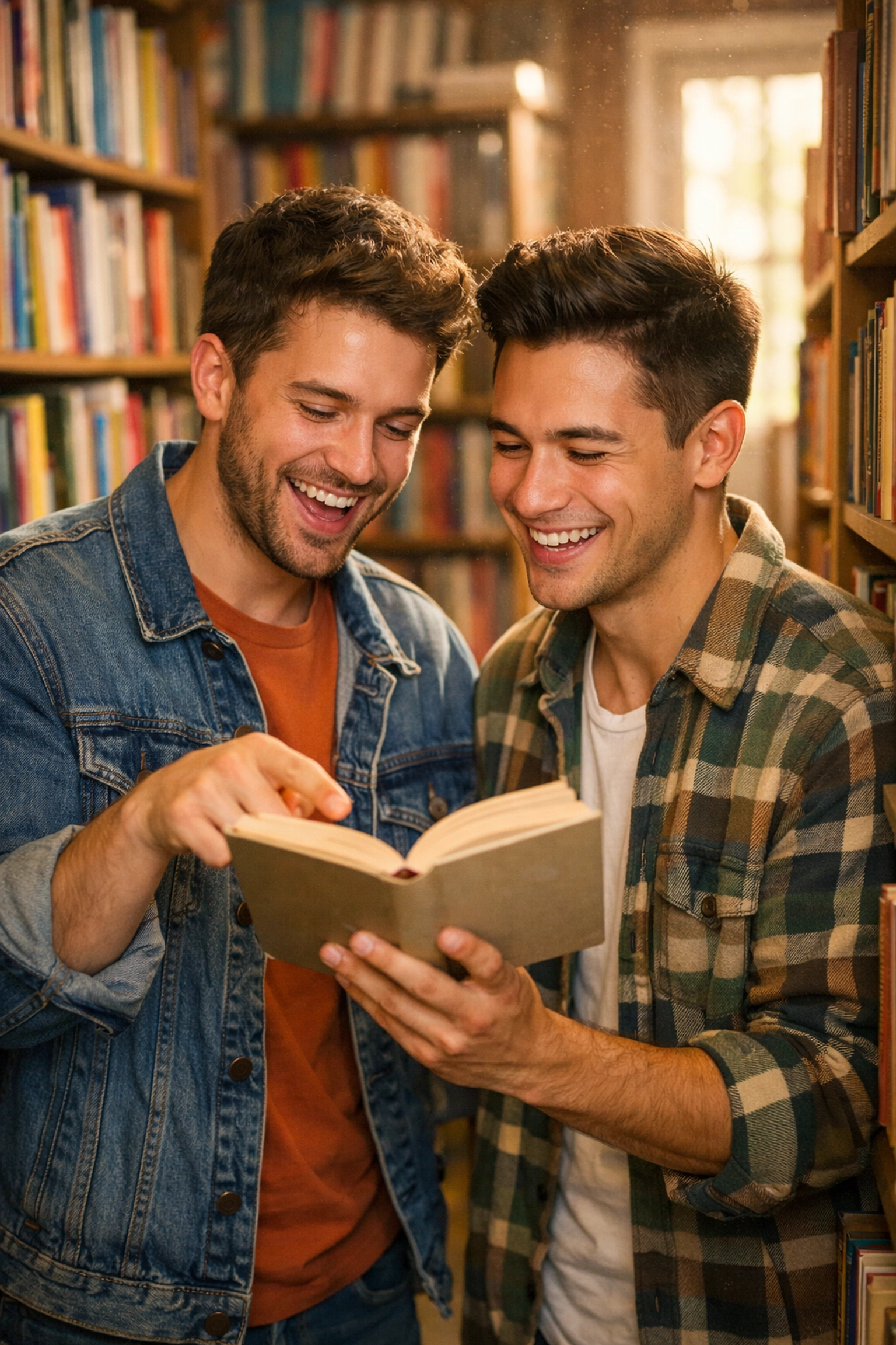Two gay men smiling while browsing MM romance books in a cozy LGBTQ+ bookstore.