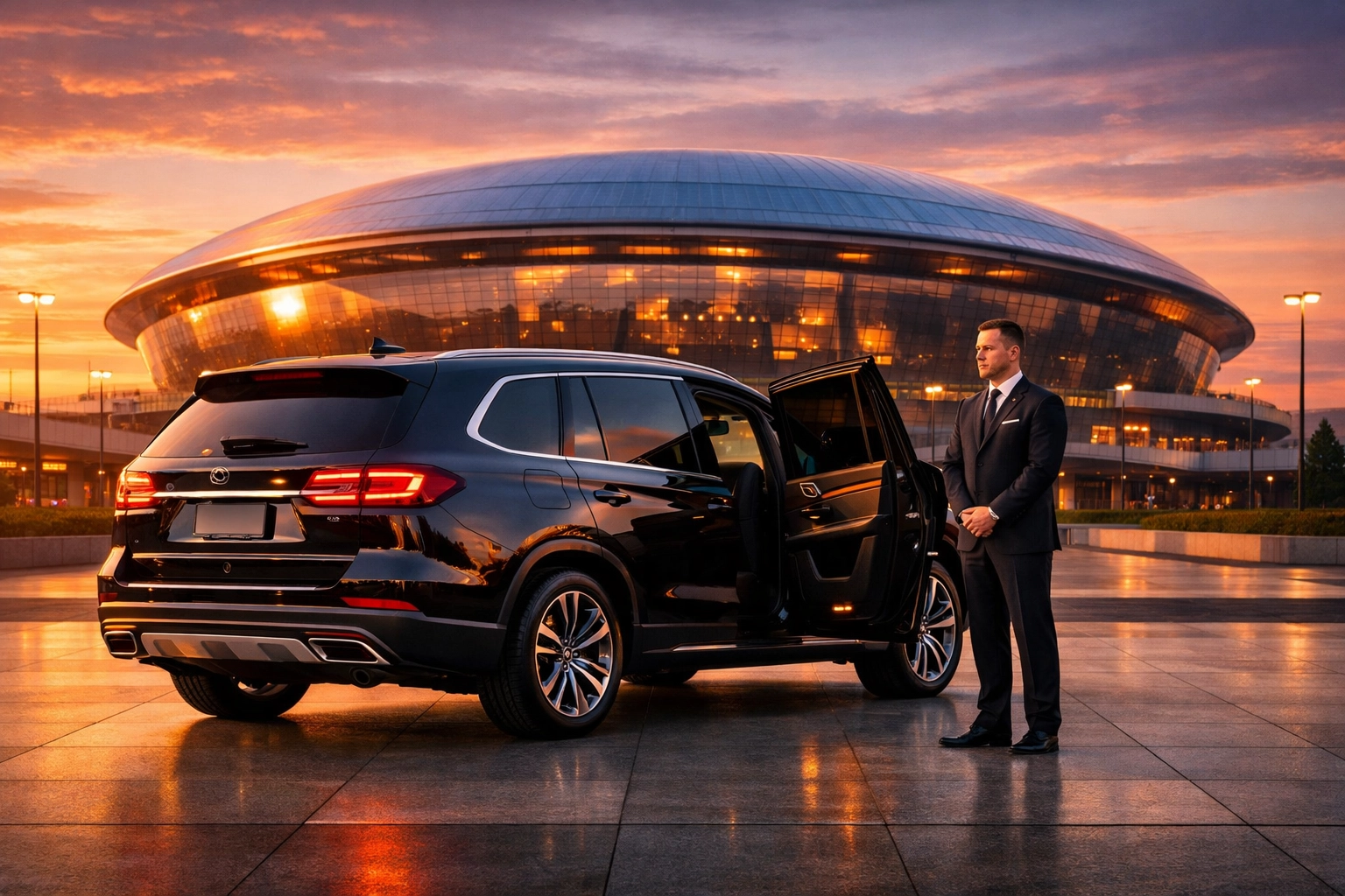 Luxury chauffeur service and executive SUV transport outside a modern sports stadium.