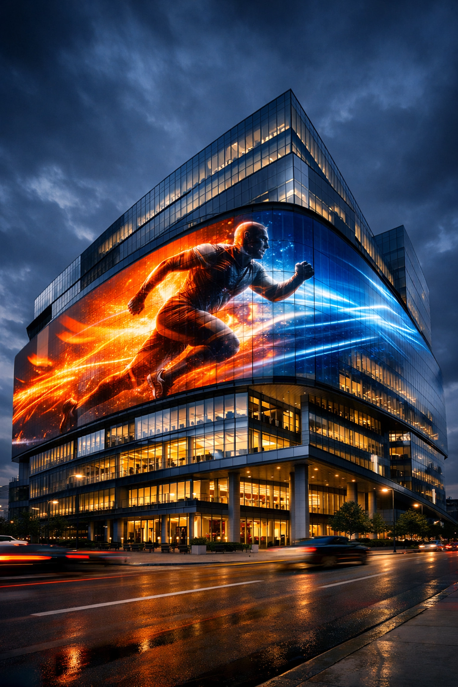 Futuristic Sports Media Inc. office building with digital displays showcasing innovative sports marketing tech.
