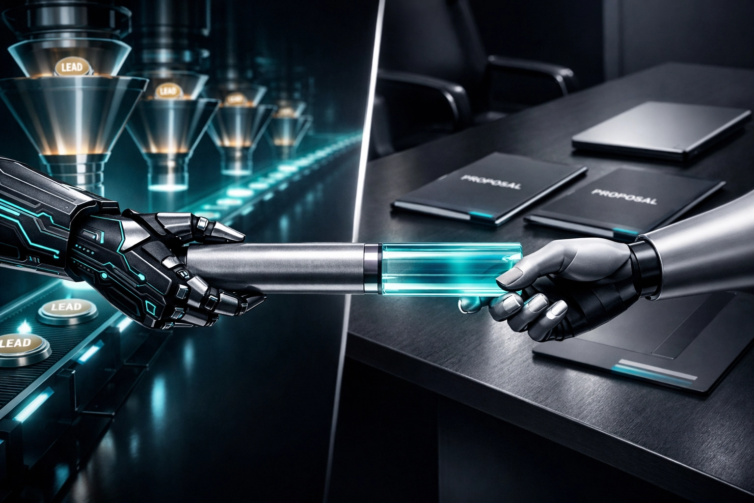 Visualization of hybrid lead generation handing off automated prospect data to a high-touch sales environment.