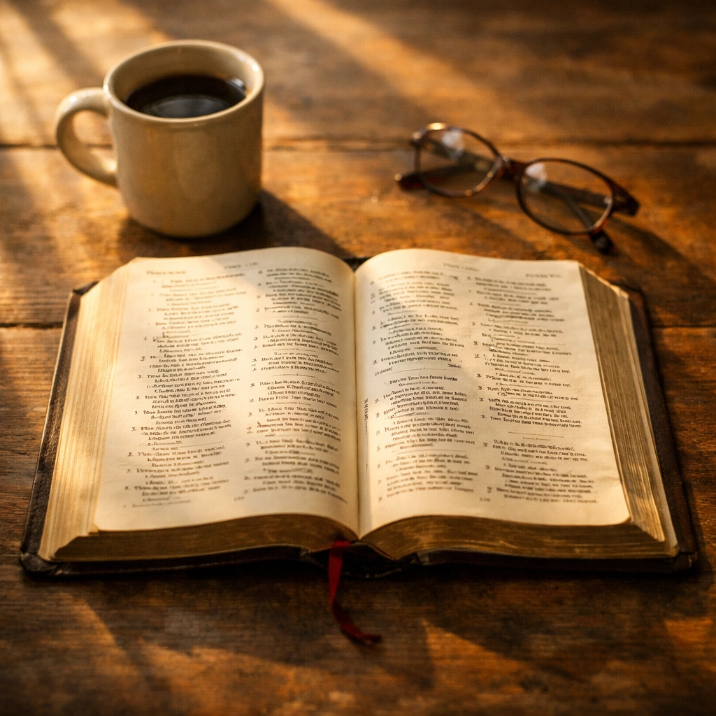 Open Bible with coffee and reading glasses on table for morning devotional and biblical study