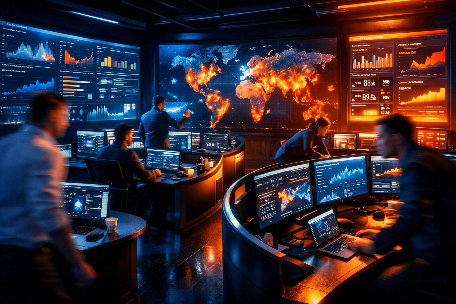 Digital marketing command center tracking social media data and analytics during a major sports event.