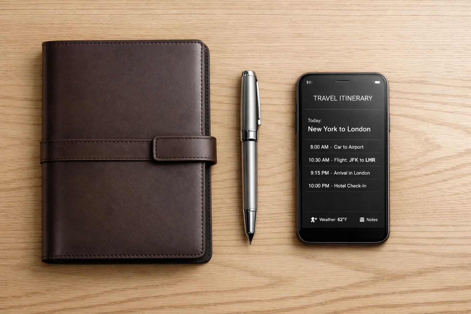 Premium executive travel itinerary and luxury business accessories for managed travel.