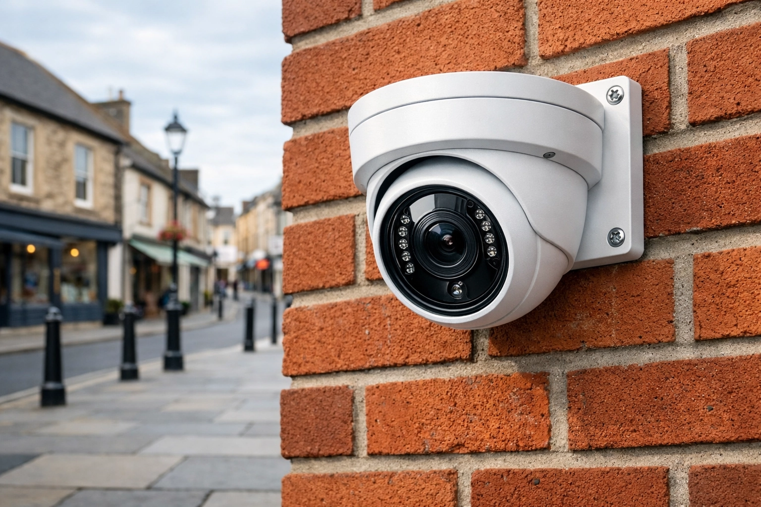 Professional white turret CCTV camera mounted on a Bridgwater commercial building for 24/7 security surveillance.