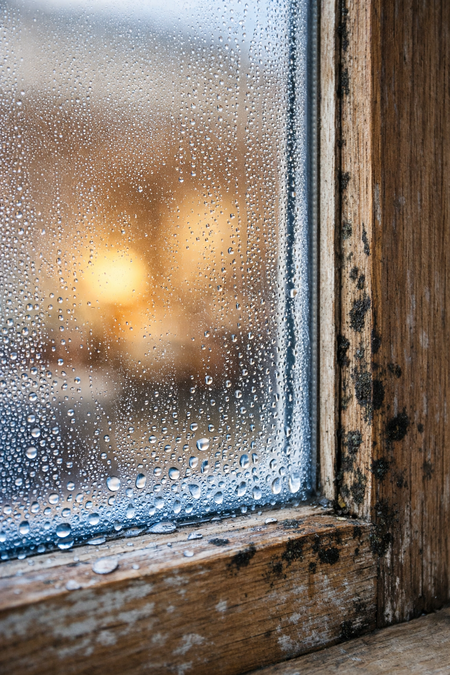 Condensation and mould damage on single-glazed window frame in Australian home