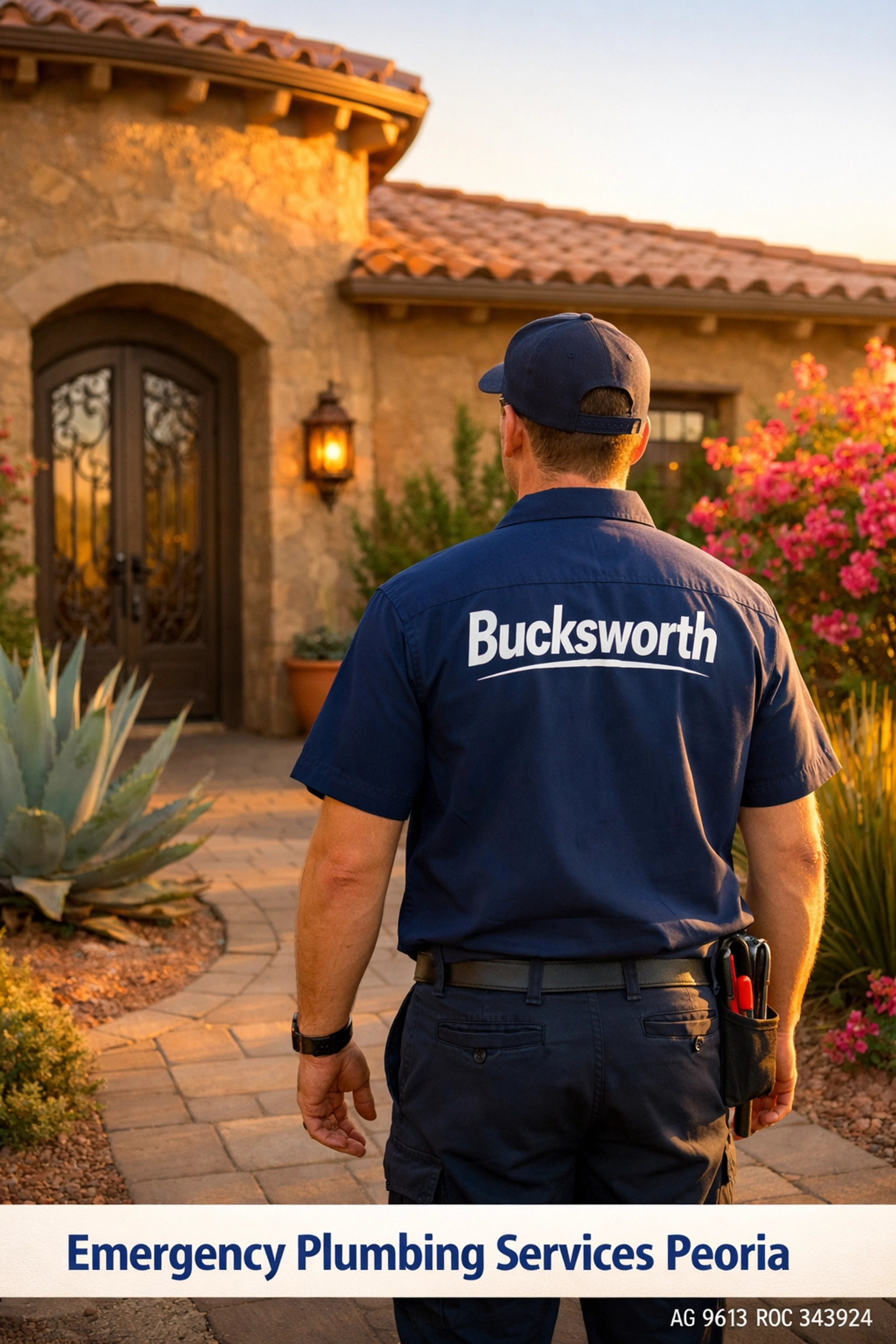 Licensed Bucksworth plumber arriving at a Peoria home in the Trilogy community for emergency service.