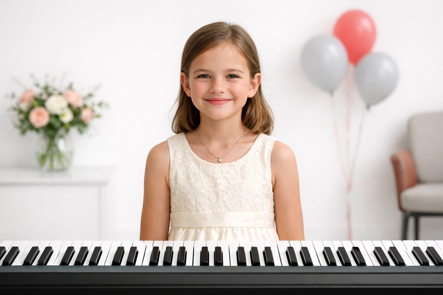 A confident young student smiles after a successful and fun iPianoLab music performance.