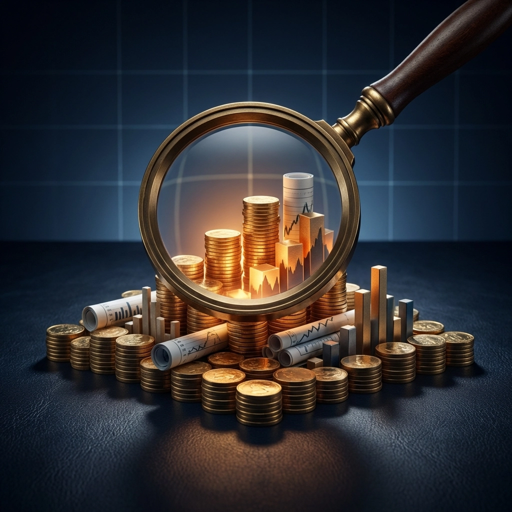 Magnifying glass over a map of gold coins highlights top-performing private equity managers and the value of diligent selection.