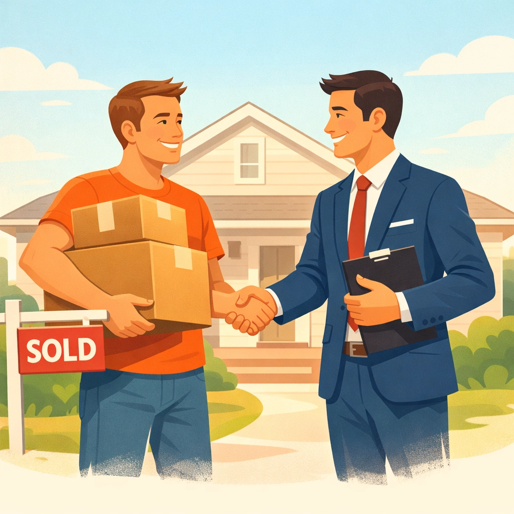 Homeowner shaking hands with cash home buyer in front of sold house in NJ