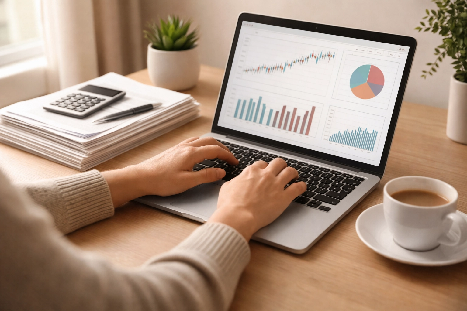 Open laptop with financial charts and bank statements illustrating monthly account reconciliation for small business bookkeeping.