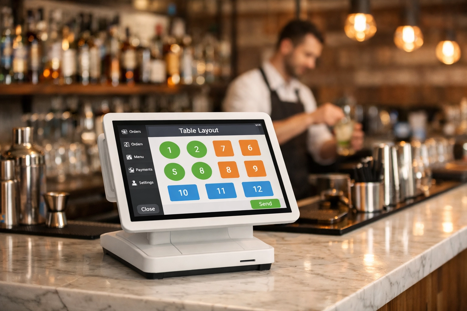 An Epos Now till system terminal on a restaurant counter showing a digital floor plan layout.