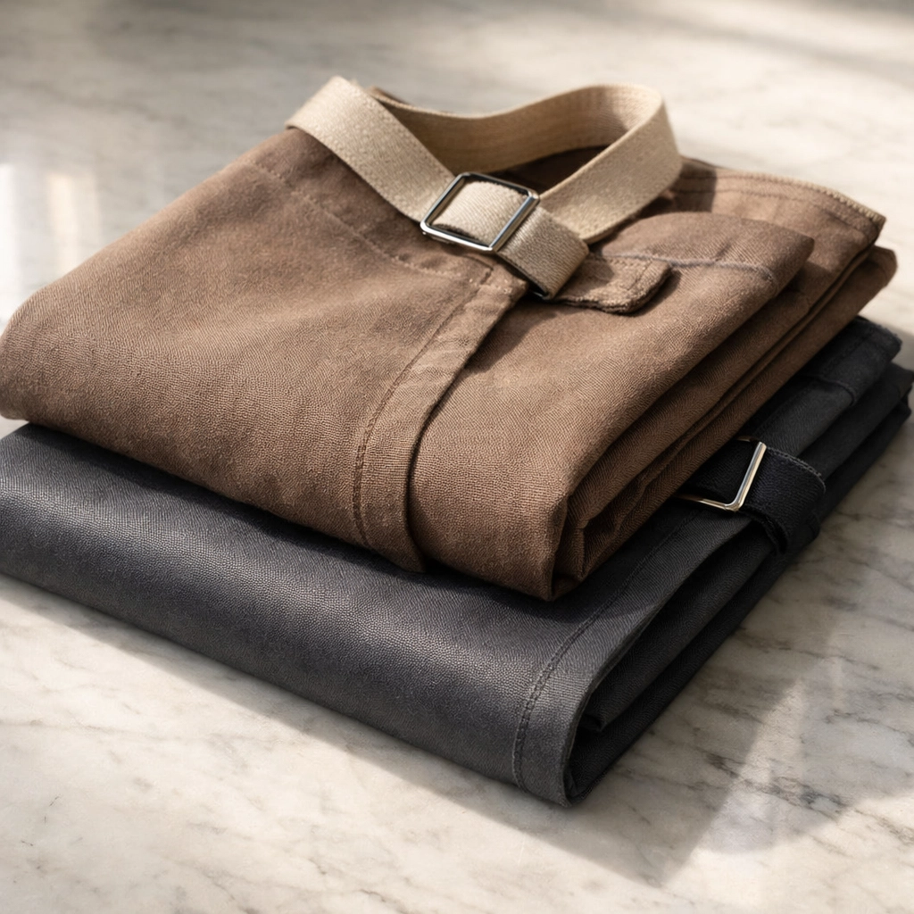 Close-up of premium 100% cotton and poly-cotton blend aprons on a marble counter.