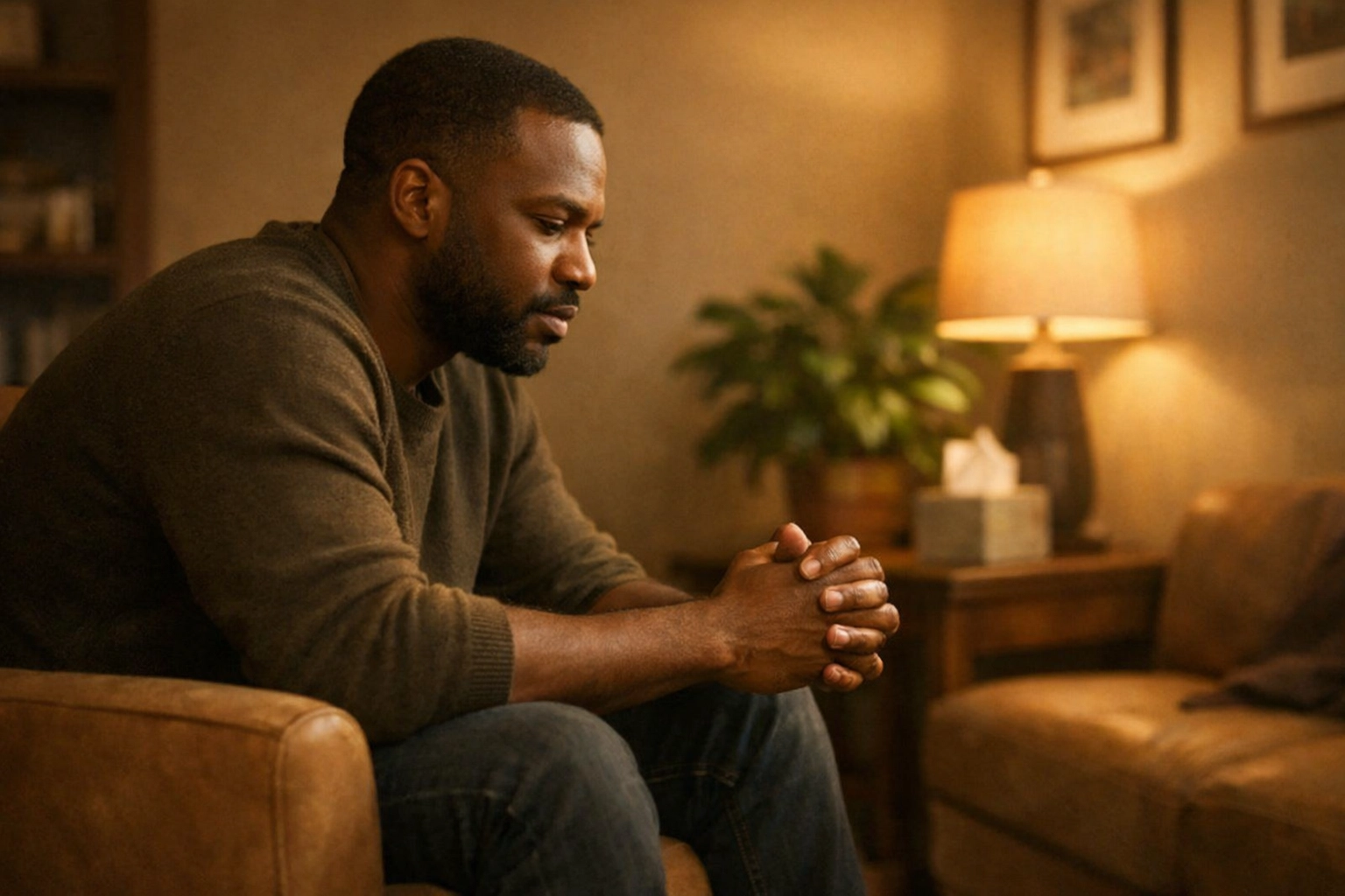 Man in individual therapy session processing emotions after divorce in comfortable office setting