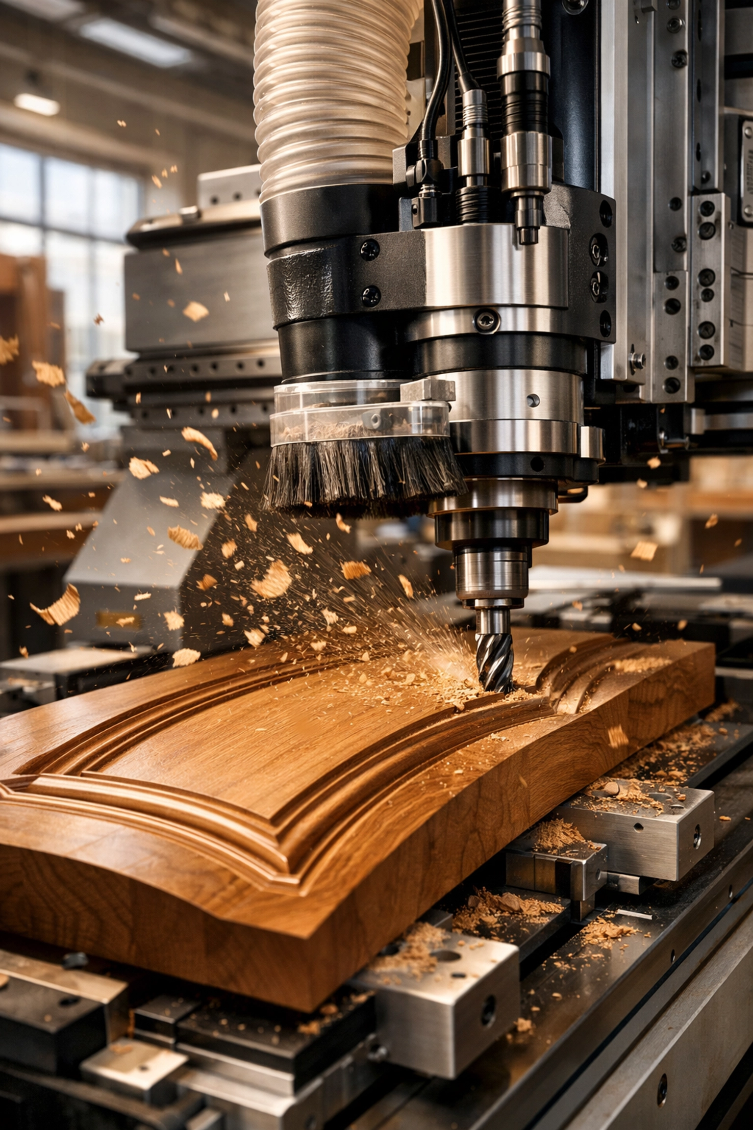 CNC machine crafting custom millwork and cabinet doors in professional woodworking shop