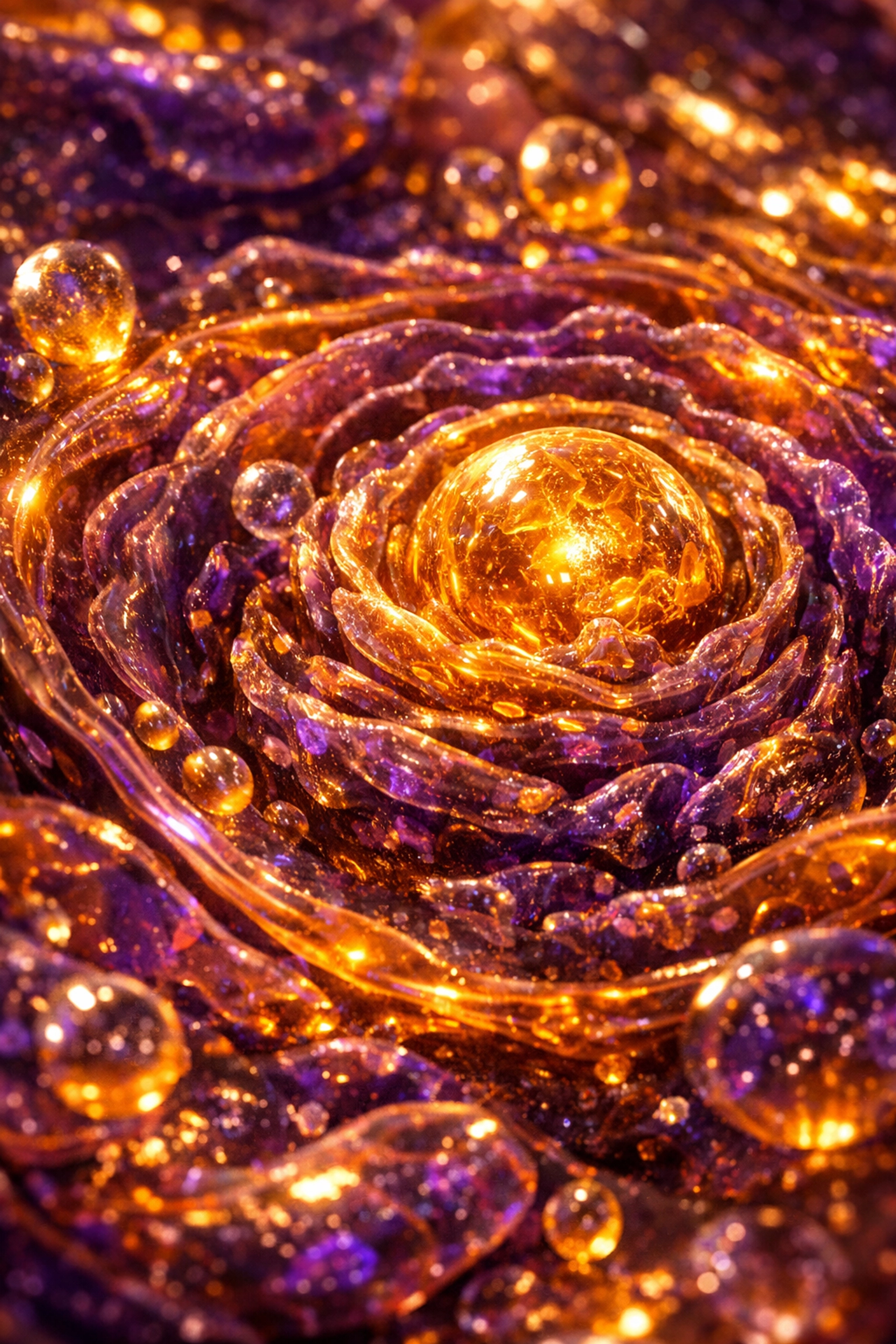 Psychedelic cellular fractals in purple and gold, illustrating how to heal myself through biological alchemy.