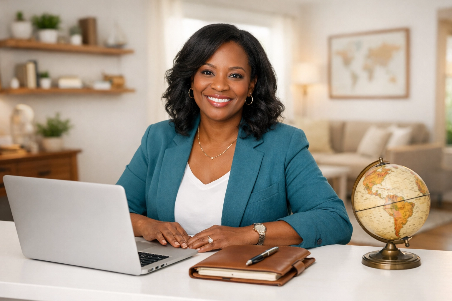Professional Omaha travel agent conducting a travel consultation process at a modern home office desk.