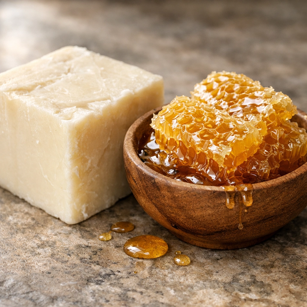 Grass-fed beef tallow and raw honeycomb on a stone surface for natural skin barrier repair.