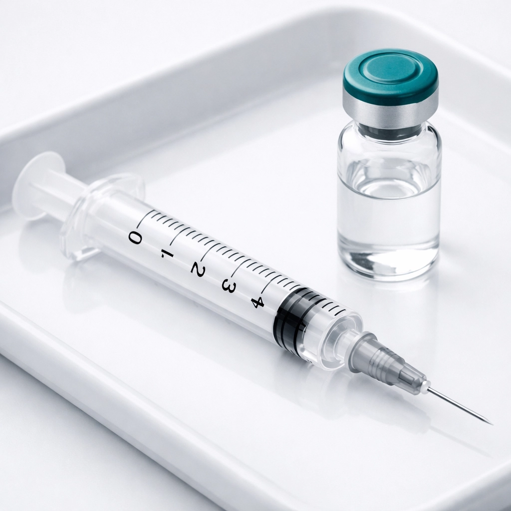 Precision syringe and glass vial on a medical tray for accurate dosing and calculation of research peptides.