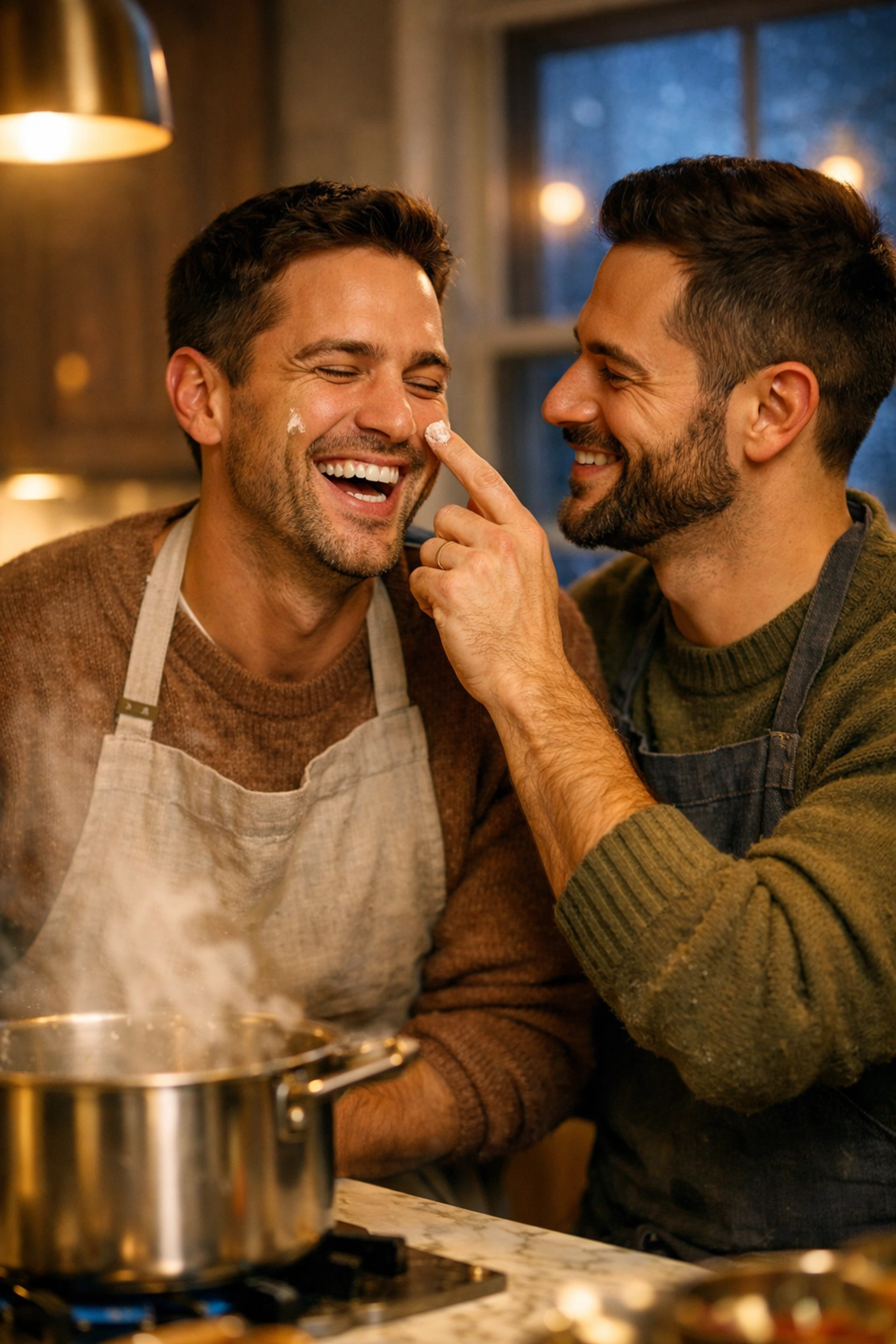Gay couple laughing while cooking together in a cozy winter kitchen during a romantic date night.