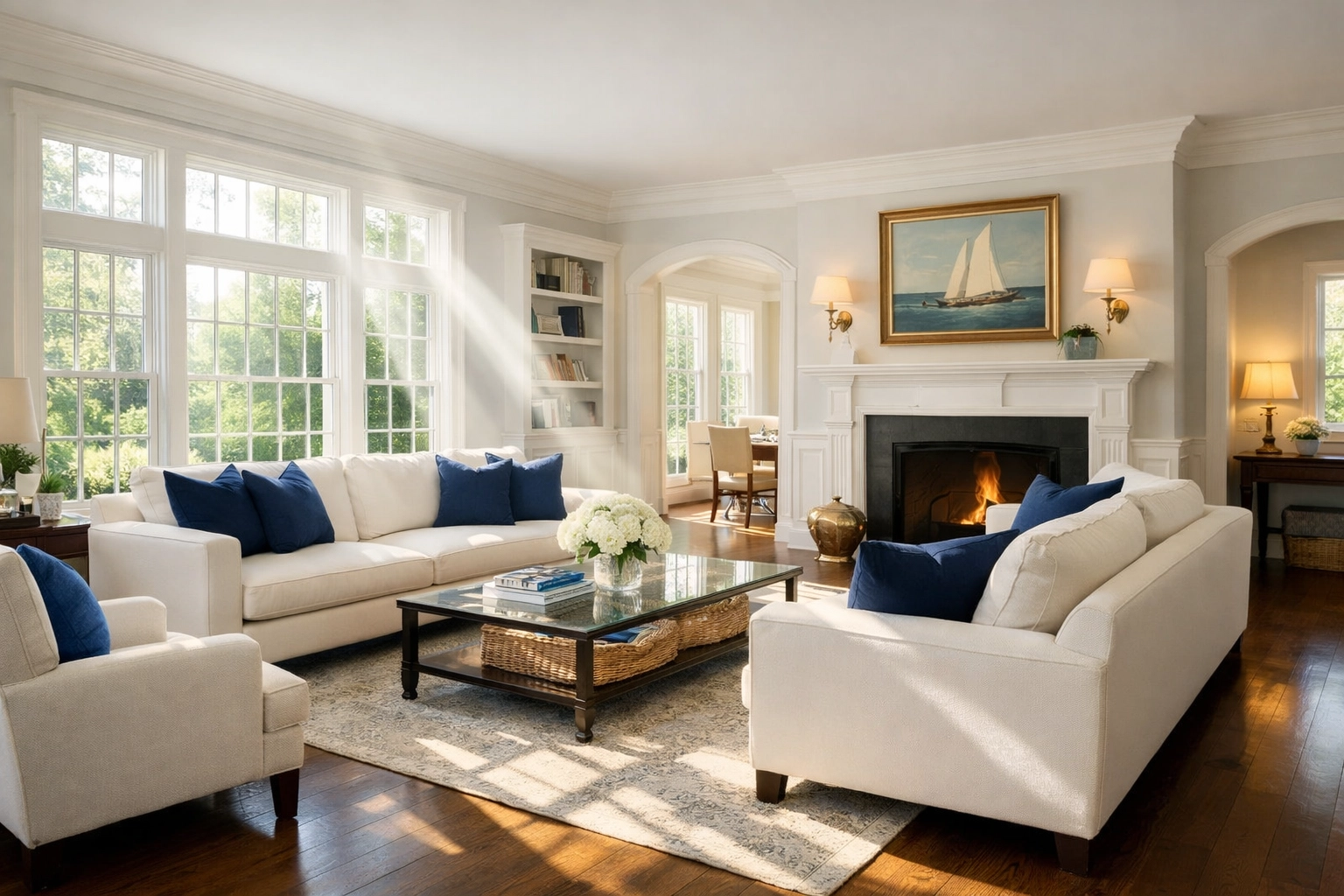 Sunlit living room in Harvard MA after a weekly house cleaning service.
