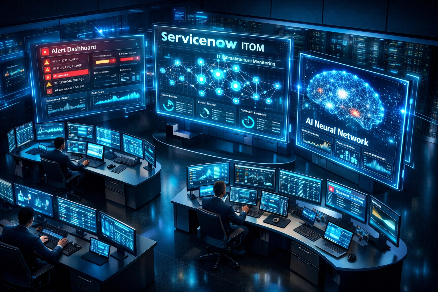 ServiceNow ITOM operations center displaying real-time infrastructure metrics and AI-powered monitoring dashboards